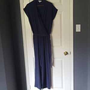 Halston silky, navy short sleeved jumpsuit